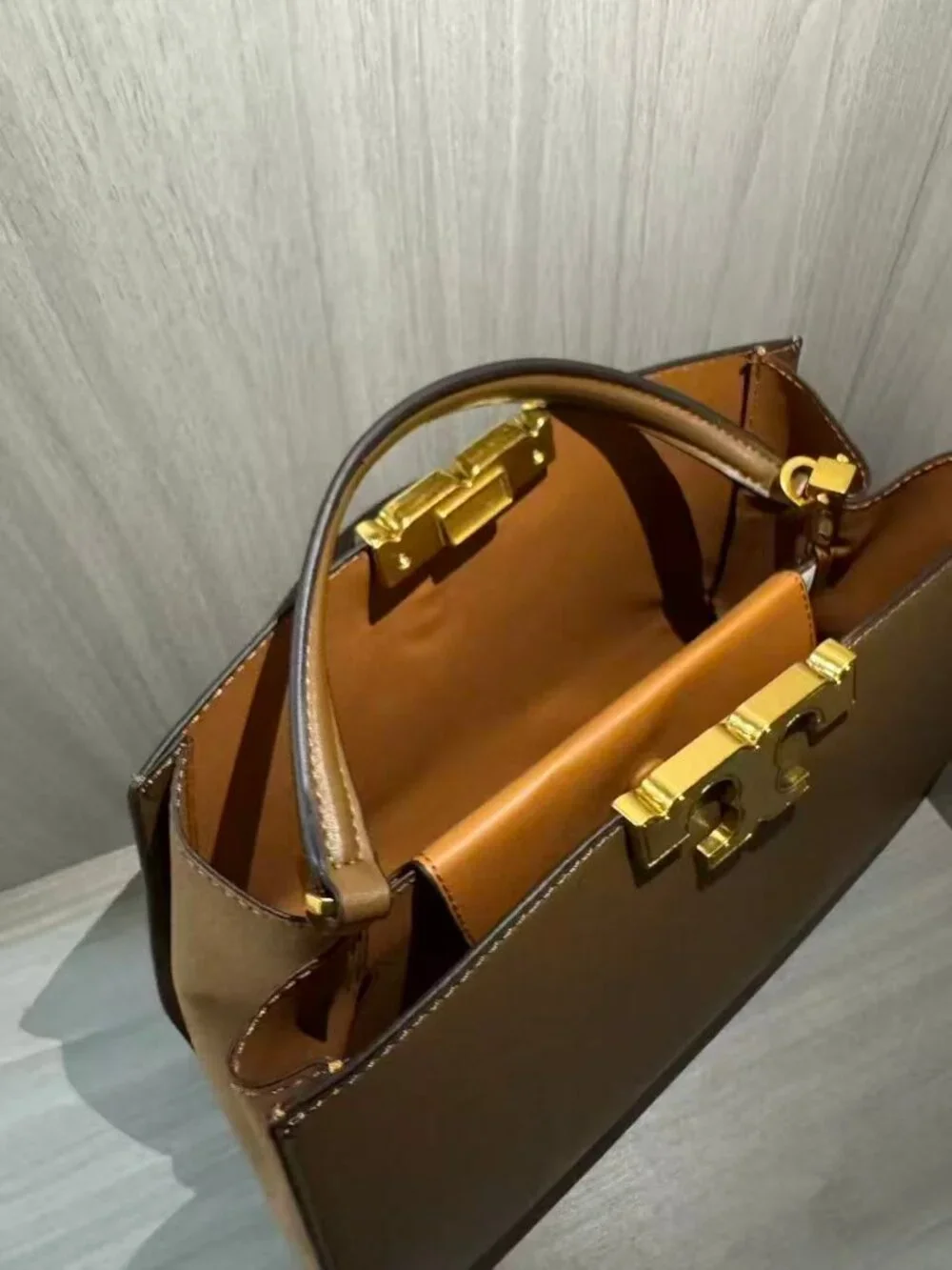 Tory Burch Taupe Smooth Leather Top‑Handle Satchel Gold‑Tone Logo Lock Handbag